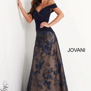 Jovani Midnight Blue Off-Shoulder Gown